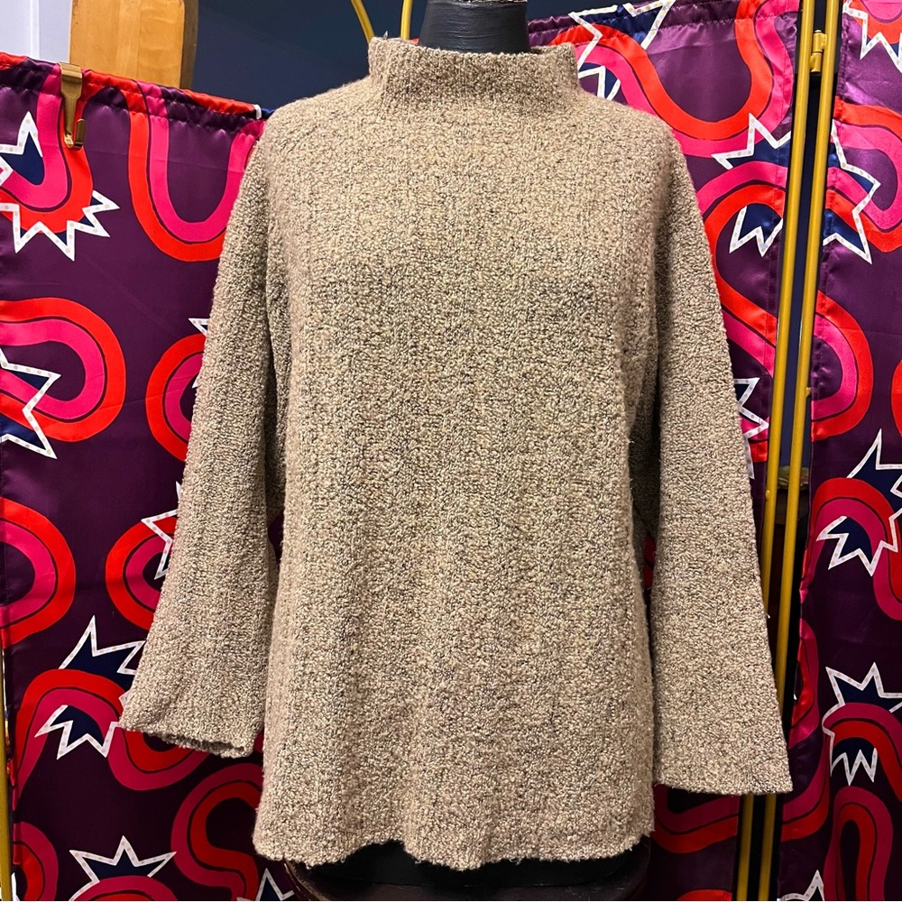 Harley of Scotland Merino Cashmere Wool Knit Mock Neck Sweater Tan